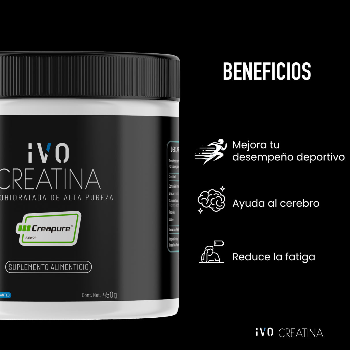2x1 (AGREGAR 2 AL CARRITO) - IVO Creatina Monohidratada Creapure En Polvo 450g Sin Sabor