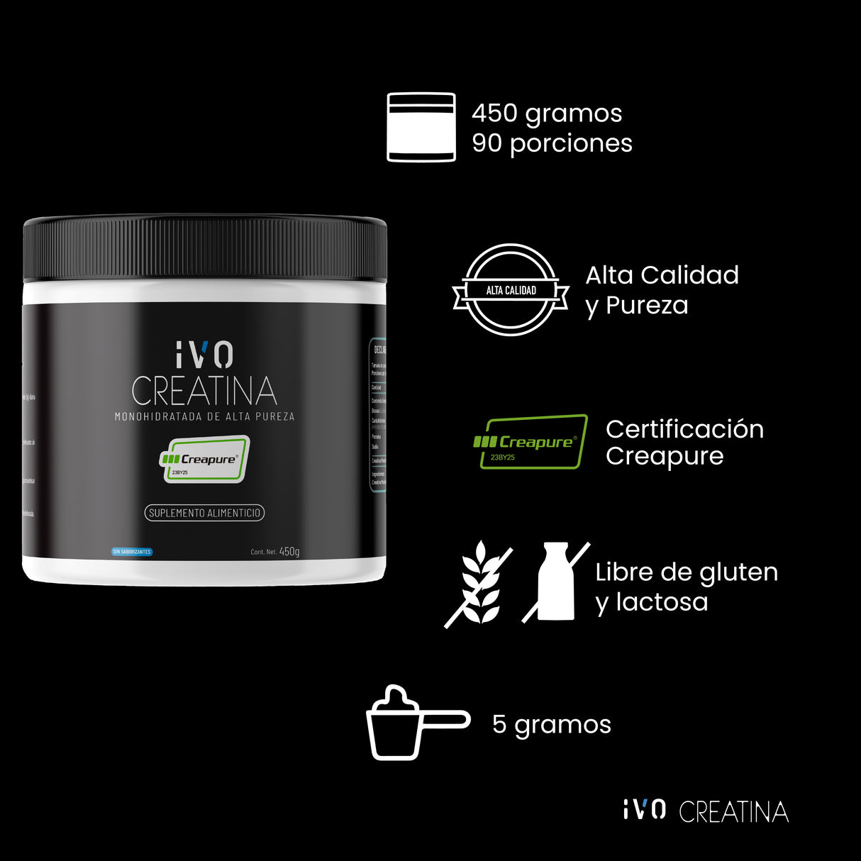 2x1 (AGREGAR 2 AL CARRITO) - IVO Creatina Monohidratada Creapure En Polvo 450g Sin Sabor