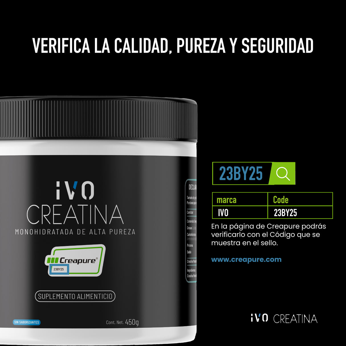 2x1 (AGREGAR 2 AL CARRITO) - IVO Creatina Monohidratada Creapure En Polvo 450g Sin Sabor