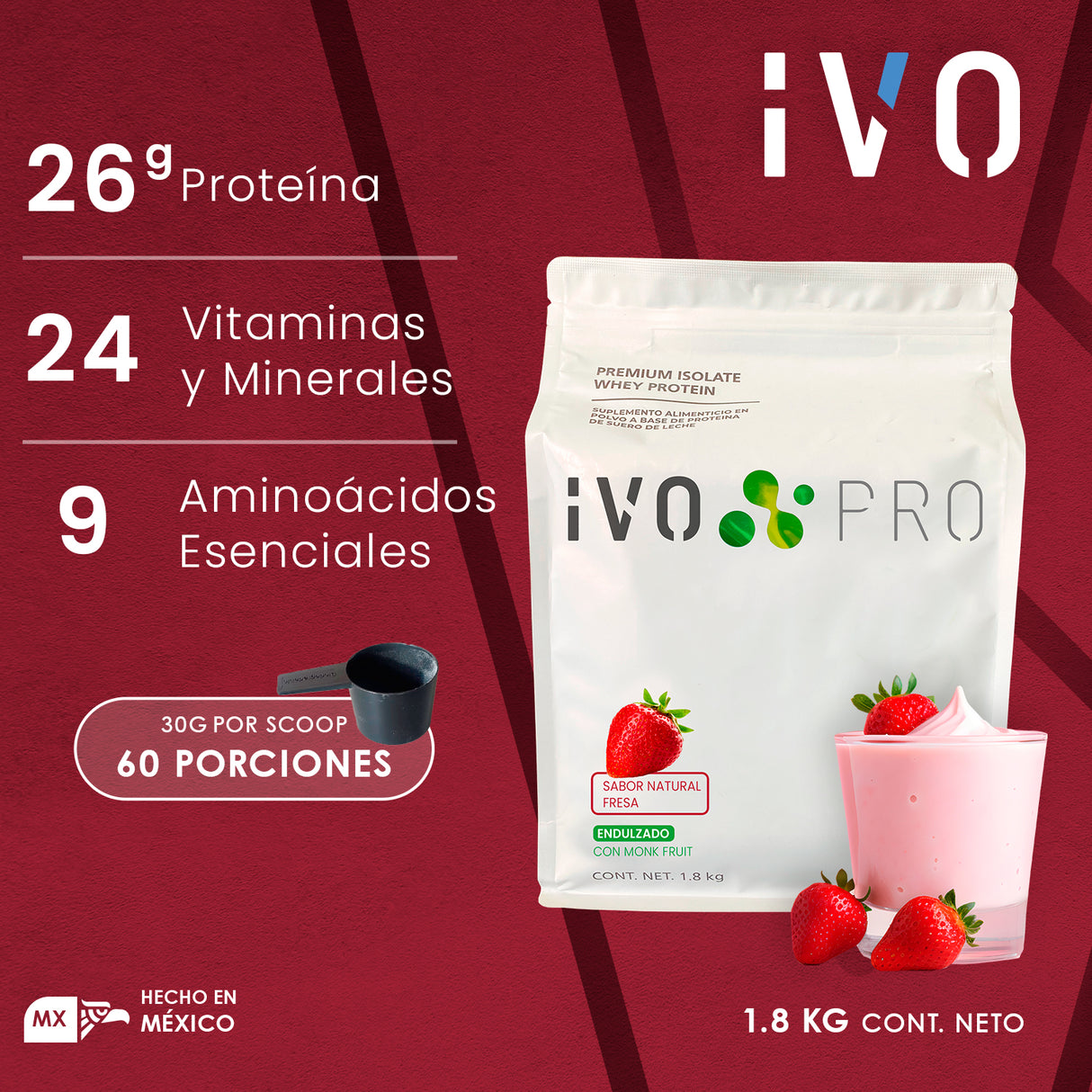 Proteína IVO PRO Fresa 1.8kg | 60 porciones