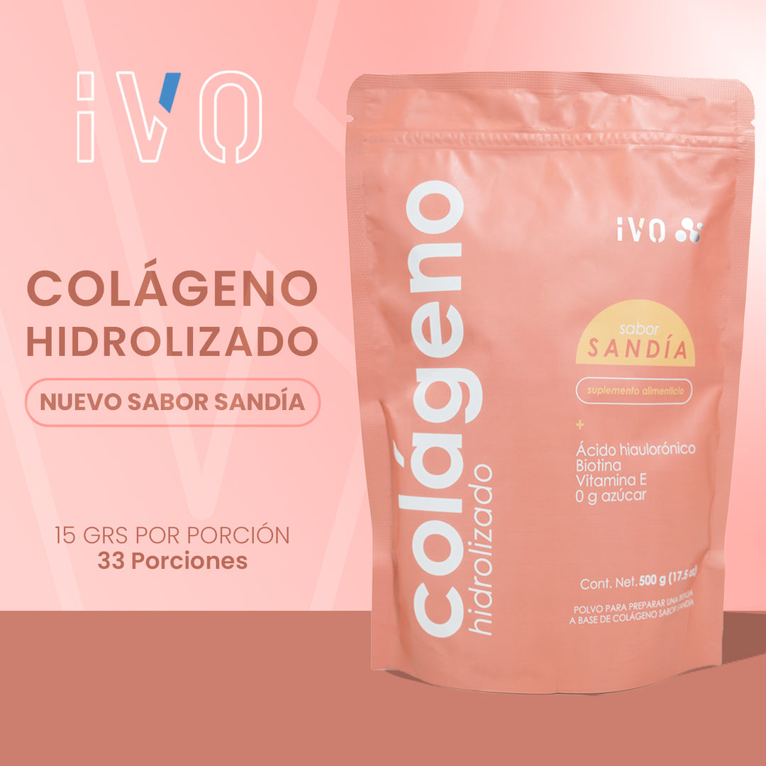 IVO Colágeno Hidrolizado con Peptidos de Colágeno, 15 grs por porción (33 servings), Sabor Sandía
