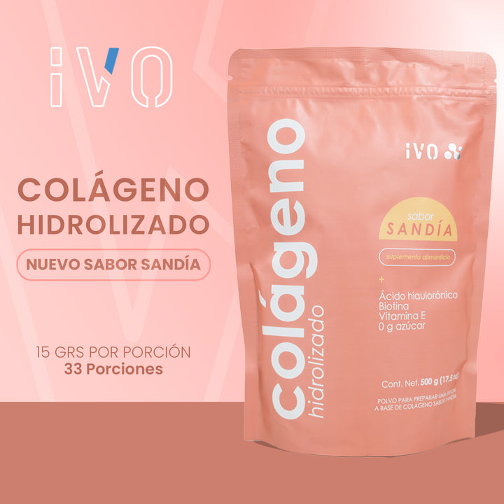 IVO Colágeno Hidrolizado con Peptidos de Colágeno, 15 grs por porción (33 servings), Sabor Sandía