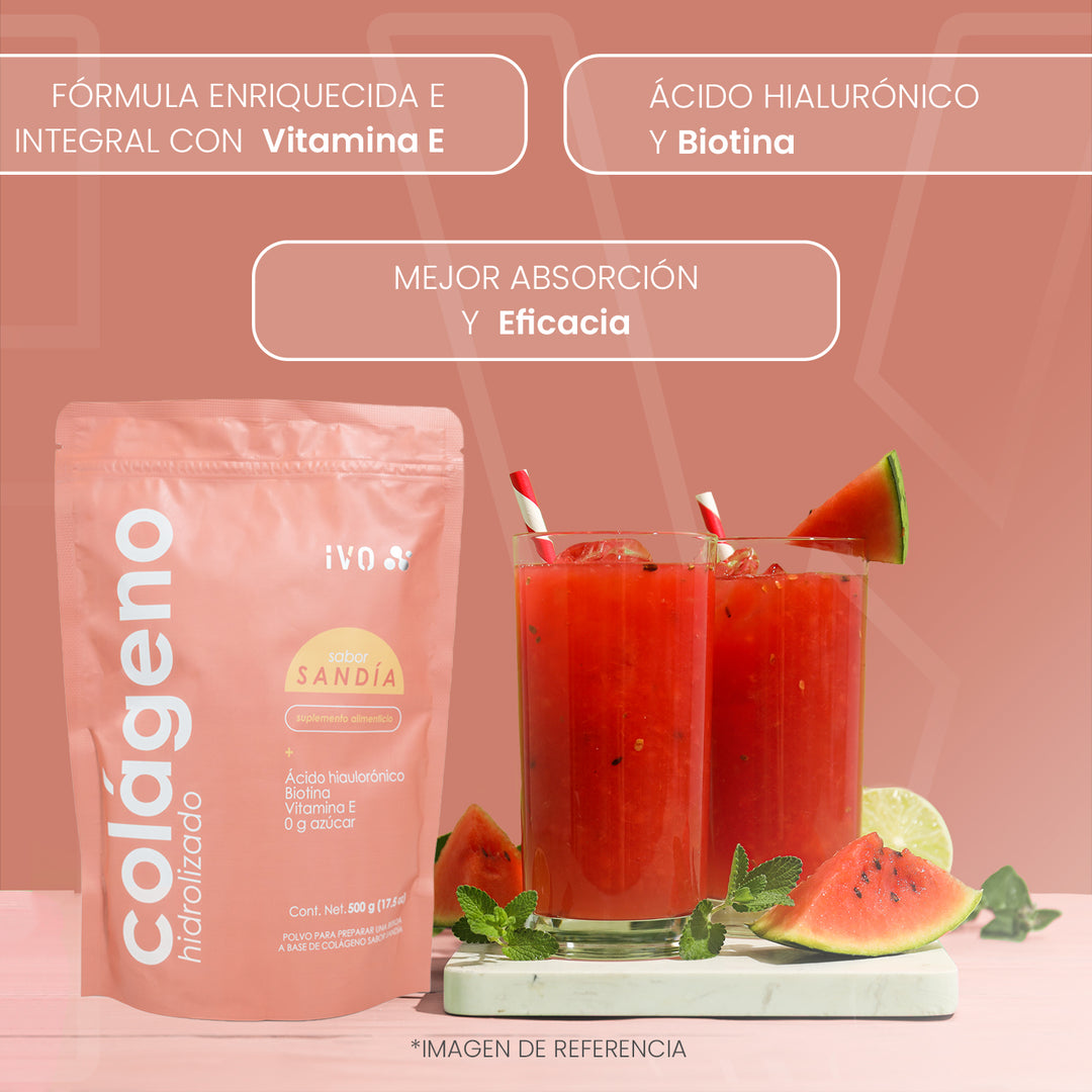 IVO Colágeno Hidrolizado con Peptidos de Colágeno, 15 grs por porción (33 servings), Sabor Sandía