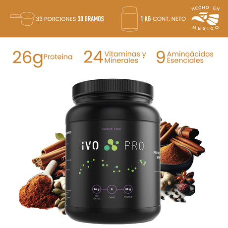IVO PRO Proteína Premium Sabor Chaí de Suero de Leche | 26g Proteína | 0g Carbs | Libre Lactosa | 33 Porciones