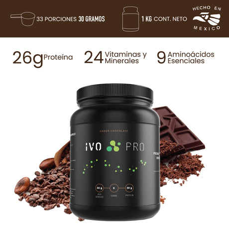 IVO PRO Proteína Premium Sabor Chocolate de Suero de Leche | 26g Proteína | 0g Carbs | Libre Lactosa | 33 Porciones